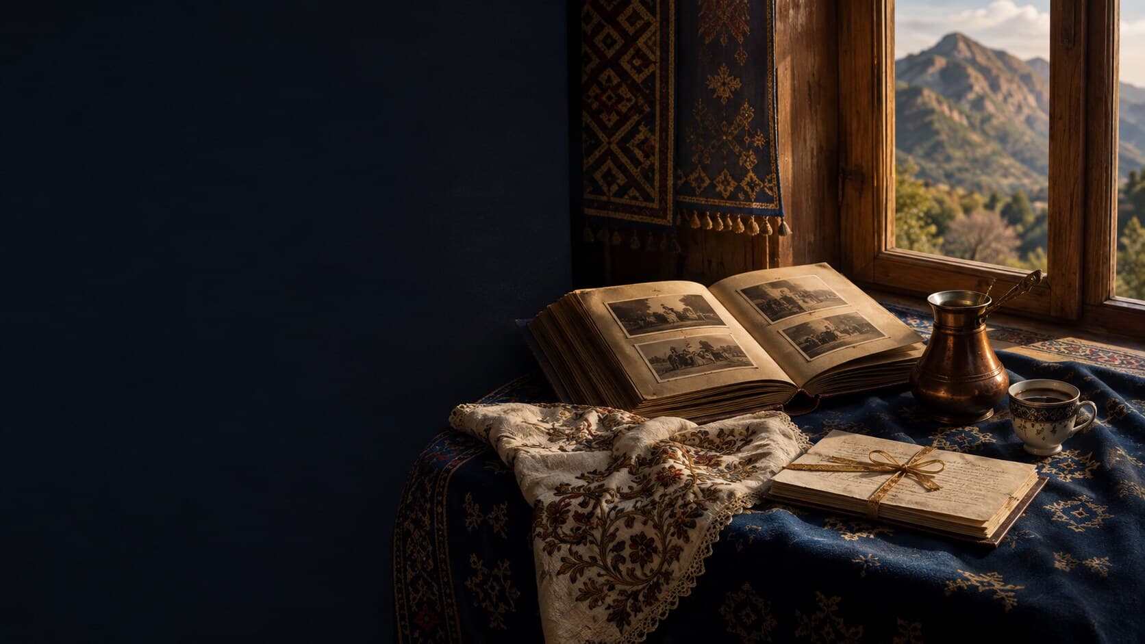 Crimean Tatar heritage objects, family photographs, embroidery, and coffee beside a sunlit window.
